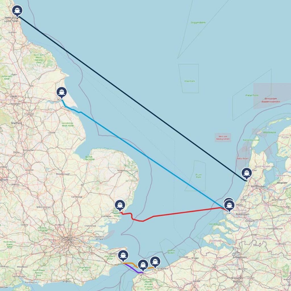 Routekaart veerboten naar Engeland