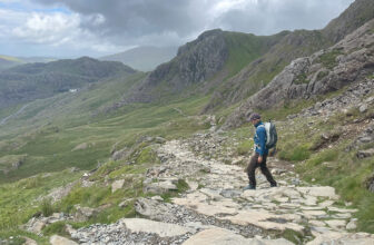 Reisgenoot aan de voet van Mount Snowdon met in de verte de gebouwen die nabij het startpunt van de trail liggen.