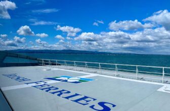 logo van Irish Ferries op het voordek van de snelle ferry met op de achtergrond zee en de heuvels nabij Dublin