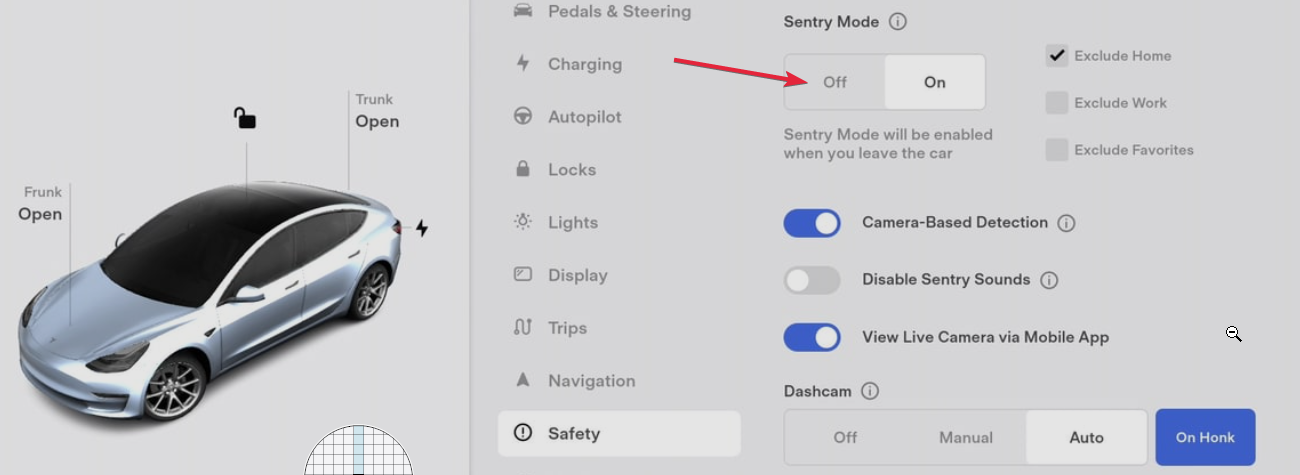 Het instellingenscherm van een Tesla met het menu Safety open, de schakelaar Sentry Mode op Off en een rode pijl die daarnaar wijst