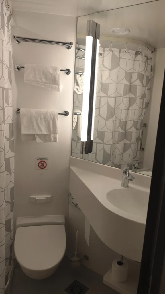 De badkamer op een veerboot: eenvoudige badkamer met WC en douche