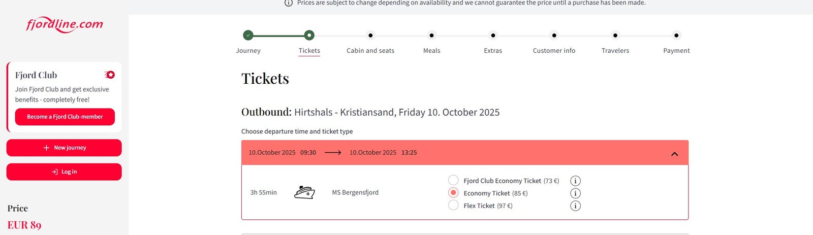 Prijs ticket Fjord Line Hirtshals-Kristiansand