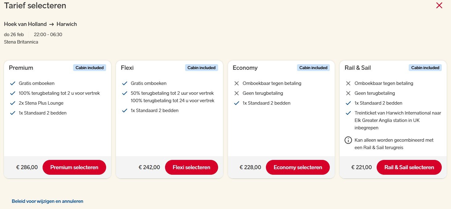 Tickettypes als voetganger bij Stena Line naar Engeland