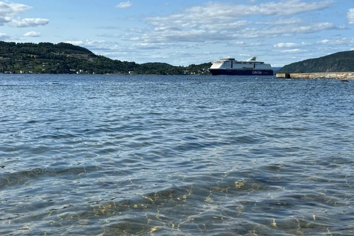 Een cruiseferry van Color Line vaart door de Oslofjord, gezien vanaf een oever met helder ondiep water en beboste heuvels aan weerszijden