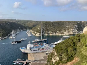 De witte veerboot Ichnusa van Ichnusa Lines aan de kade van Bonifacio, van bovenaf gezien, in een smalle inham tussen groen begroeide witte kalkkliffen, met tientallen zeil- en motorjachten op het water
