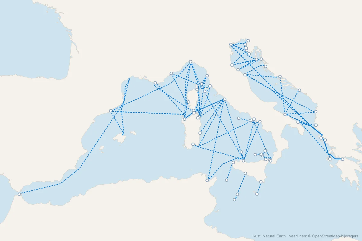 Kaart met alle veerboten van en naar Italië