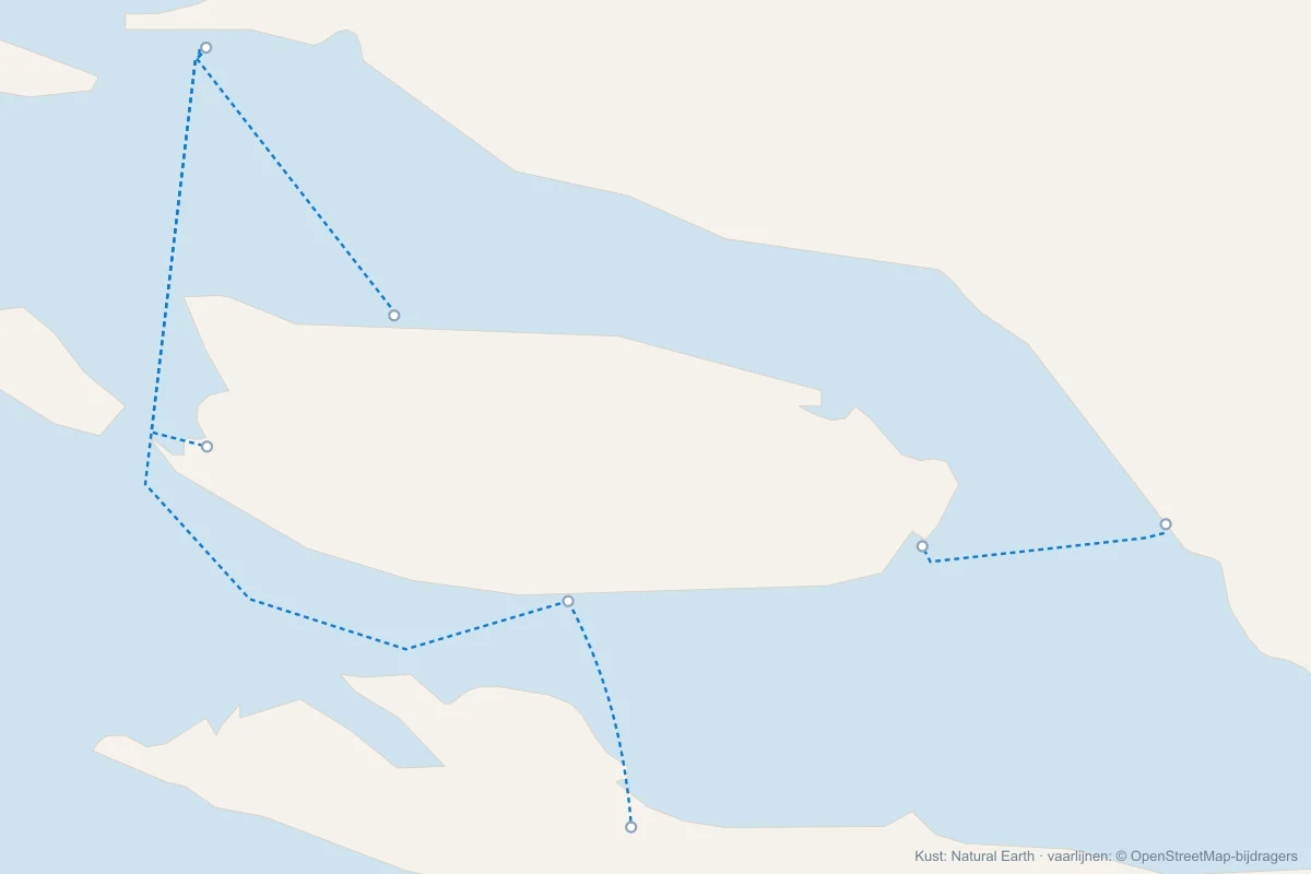 Kaart met de veerboten naar Brač: van Split naar Supetar, Bol en Milna, van Makarska naar Sumartin, en van Bol naar Jelsa op Hvar