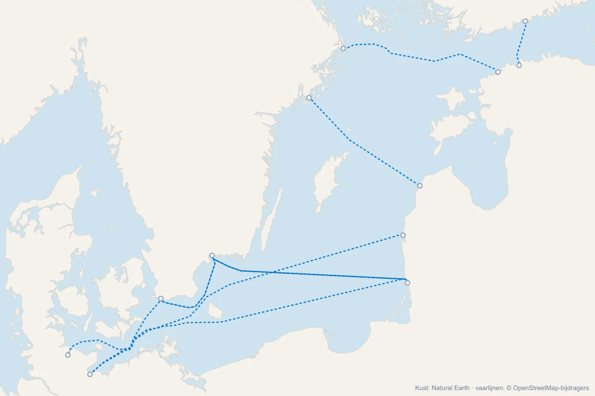 Kaart met alle veerboten naar de Baltische staten