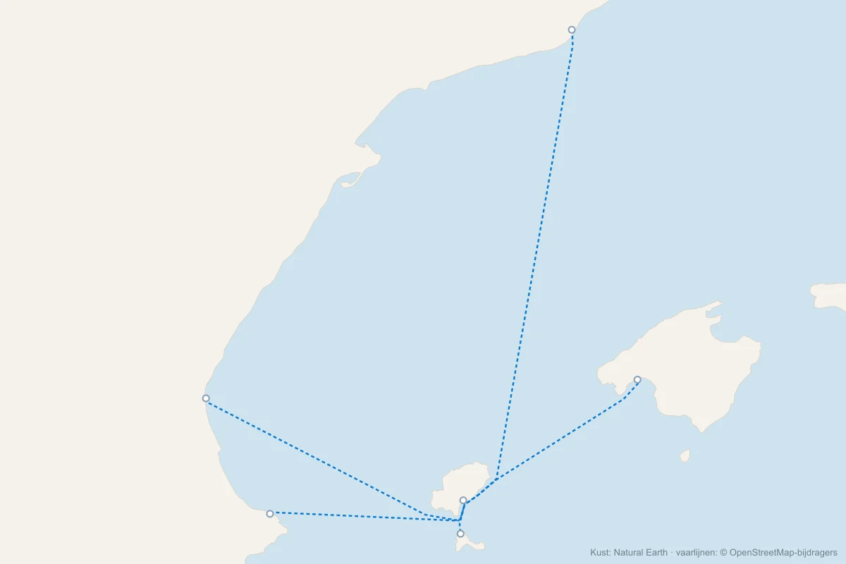 Kaart met alle veerboten naar Ibiza