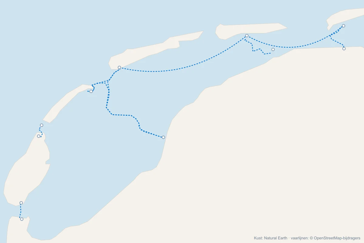 Kaart van de Waddeneilanden met alle veerdiensten en havens